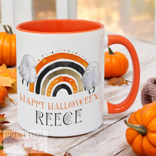 Personalised Halloween mug with orange handle and spooky graphics for kids
