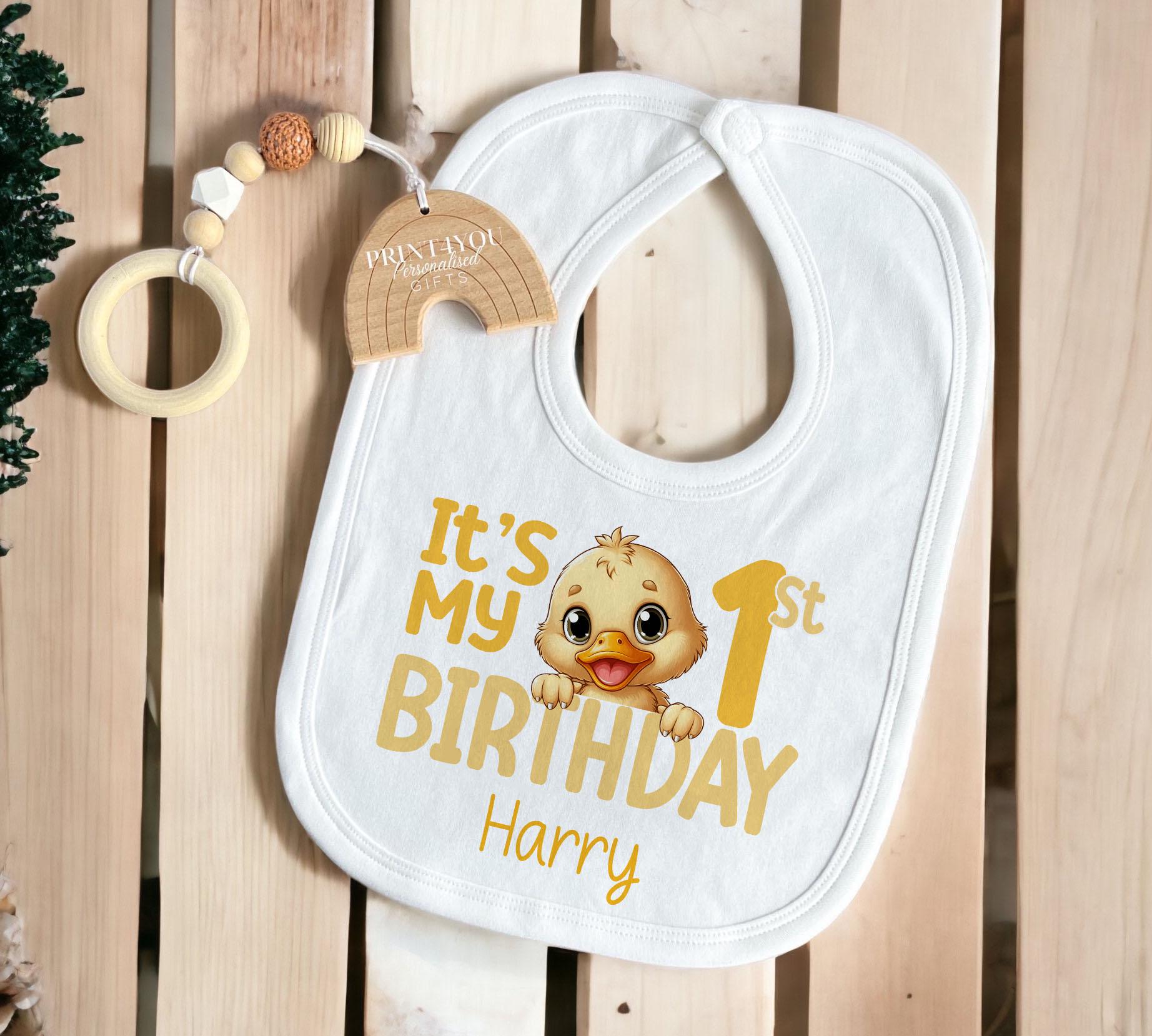 Front view of the personalised yellow duck vest, suitable for a first or second birthday.