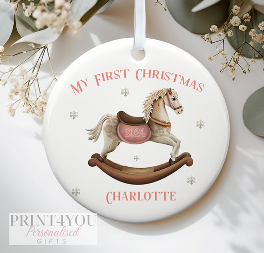 Baby's First Christmas Personalised ceramic bauble decoration – Pink Traditional Rocking Horse - No thanks