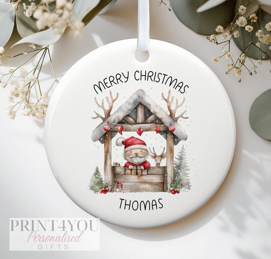 Personalised Christmas ceramic bauble decoration, Baby's First Christmas, Santas Shed with Reindeer Antlers - No thanks