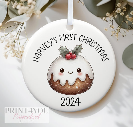 Personalised Christmas ceramic bauble decoration, Baby's First Christmas, Cute Christmas Pudding - No thanks