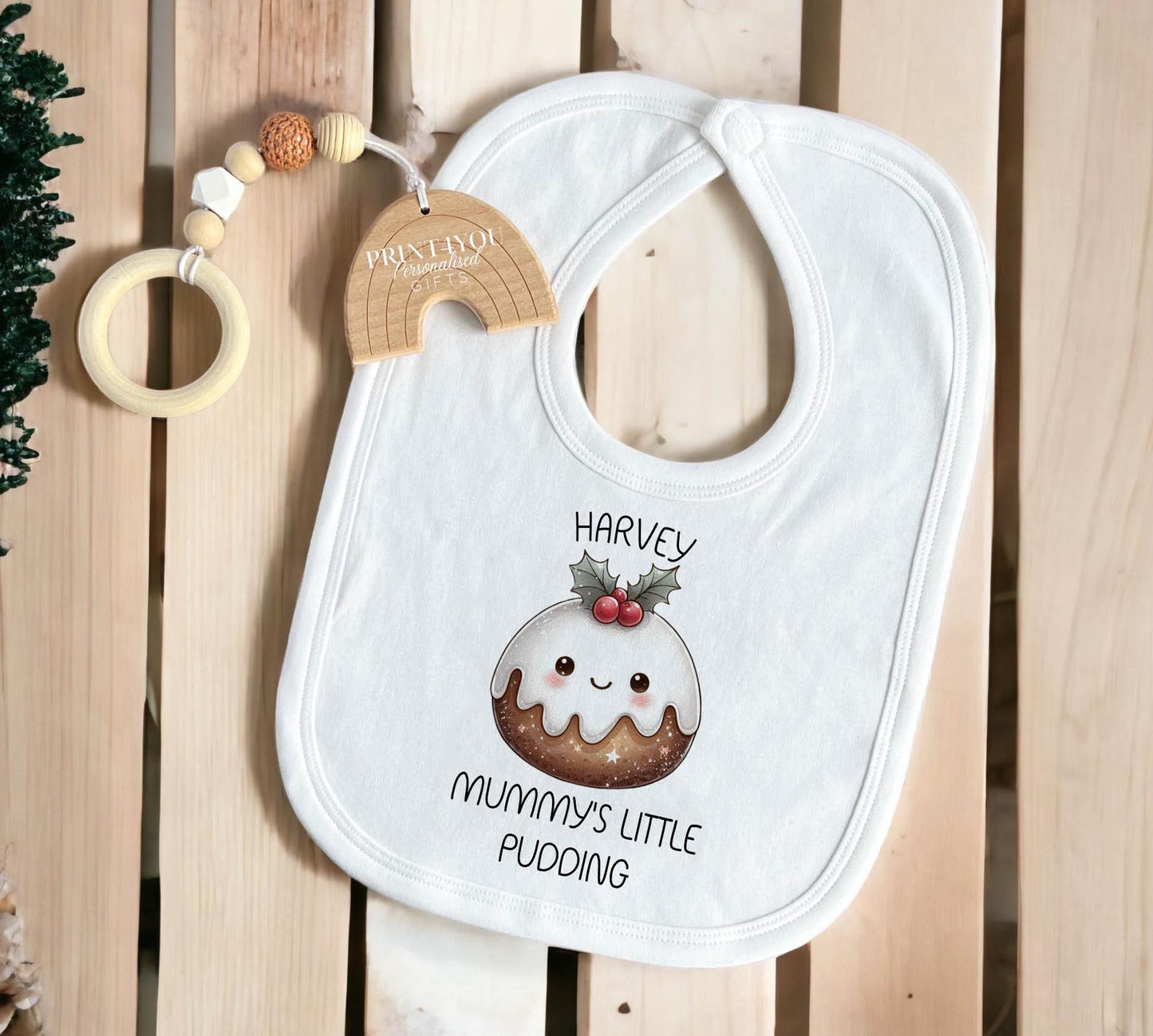 Baby's First Christmas personalised cotton set - close-up of festive printed design