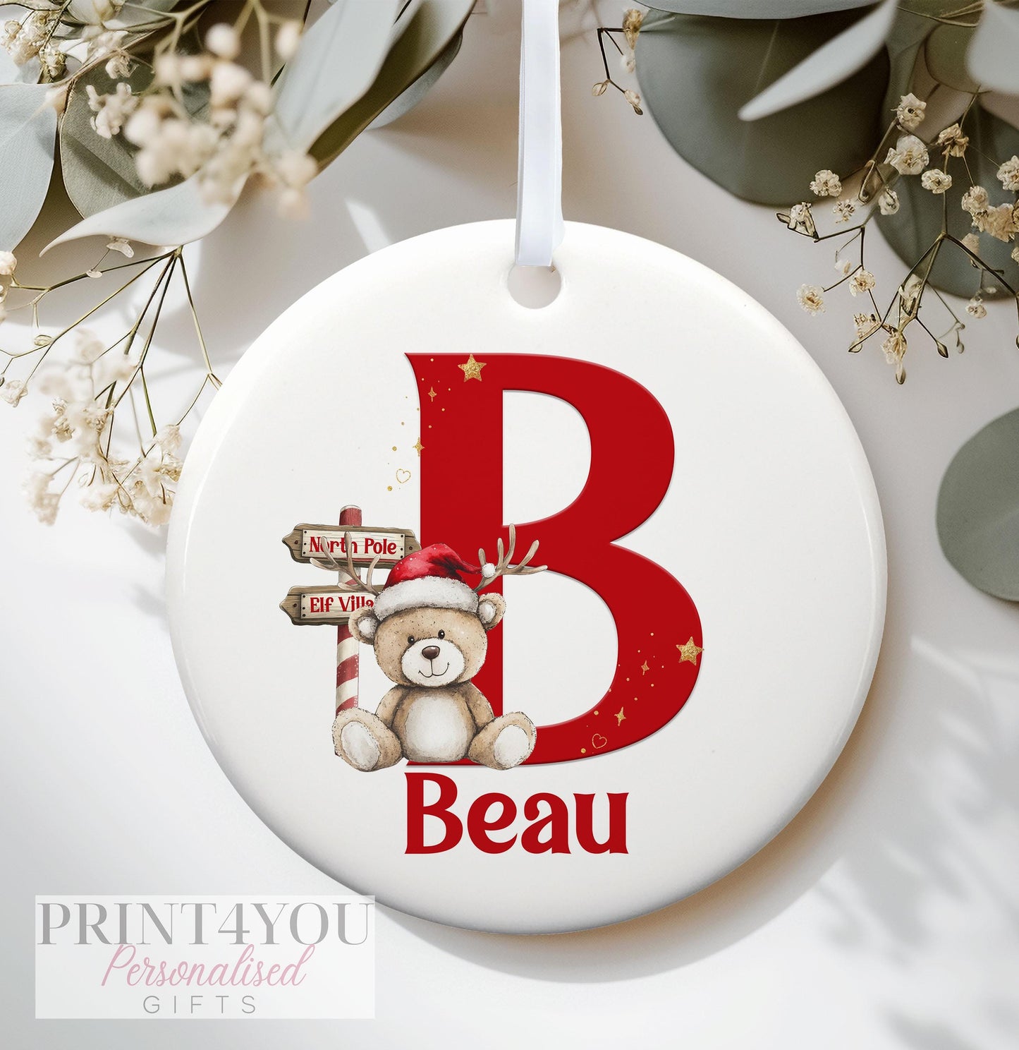 Personalised Christmas Ceramic bauble decoration, Reindeer Bear Initial Letter exclusive Design, Baby's First Christmas, - No thanks