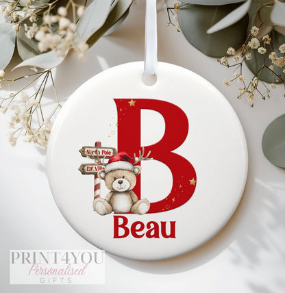 Personalised Christmas Ceramic bauble decoration, Reindeer Bear Initial Letter exclusive Design, Baby's First Christmas, - No thanks