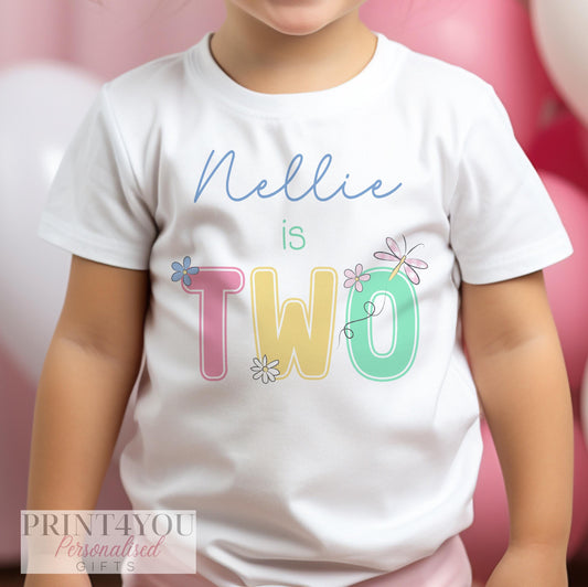 Personalised Girls Birthday T – Shirt – White Cotton Top With Pastel Daisy Design - 1