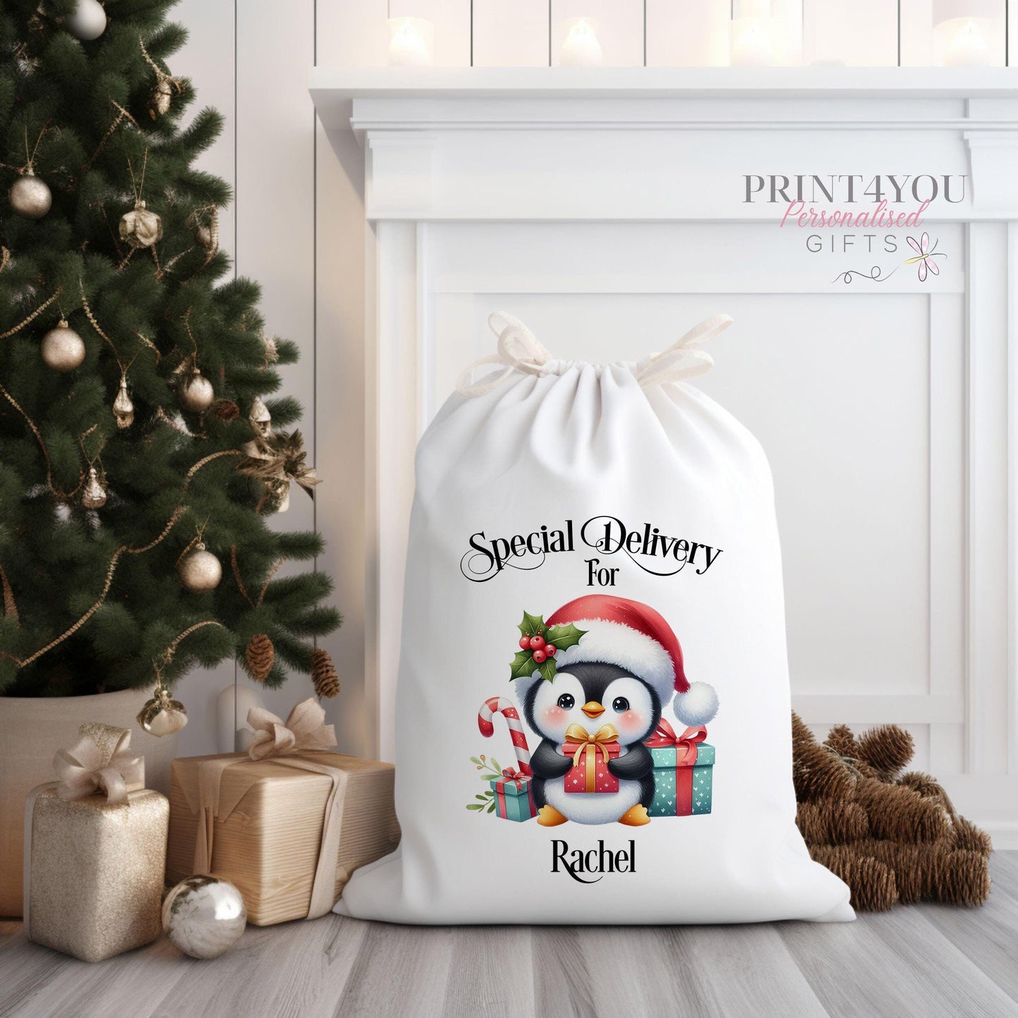 Cream canvas personalised Santa sack with drawstring closure, plain design ready for name personalisation, 70 x 50cm