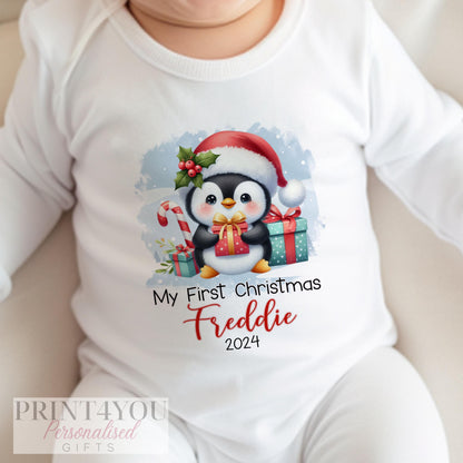 Personalised first Christmas penguin design T-shirt for baby.