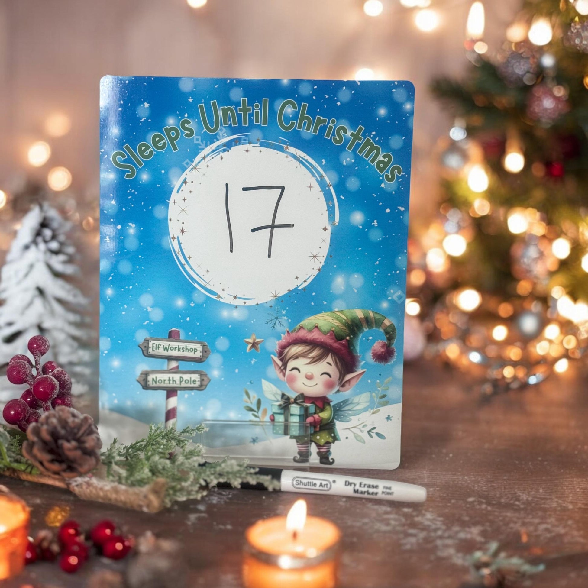 Close-up of the magnetic Christmas countdown advent calendar numbers and wipe-clean surface
