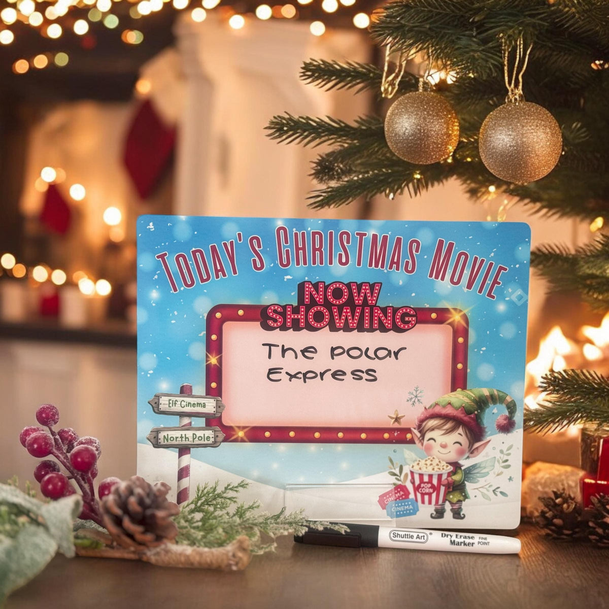 Aluminium Christmas movie night countdown board styled on a mantelpiece with festive decorations