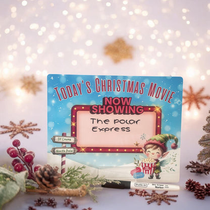 Christmas movie night board displayed with wipeable pen and stand accessories