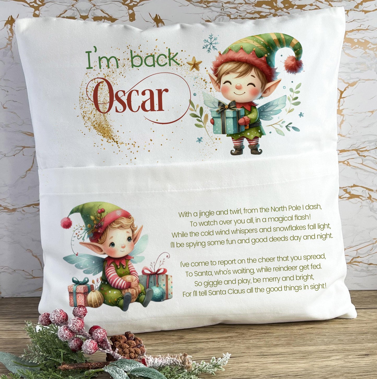 Personalised elf Christmas cushion with custom name, complete with cover, insert and soft toy elf tucked into the front pocket