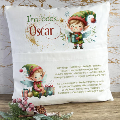 Personalised elf Christmas cushion with custom name, complete with cover, insert and soft toy elf tucked into the front pocket