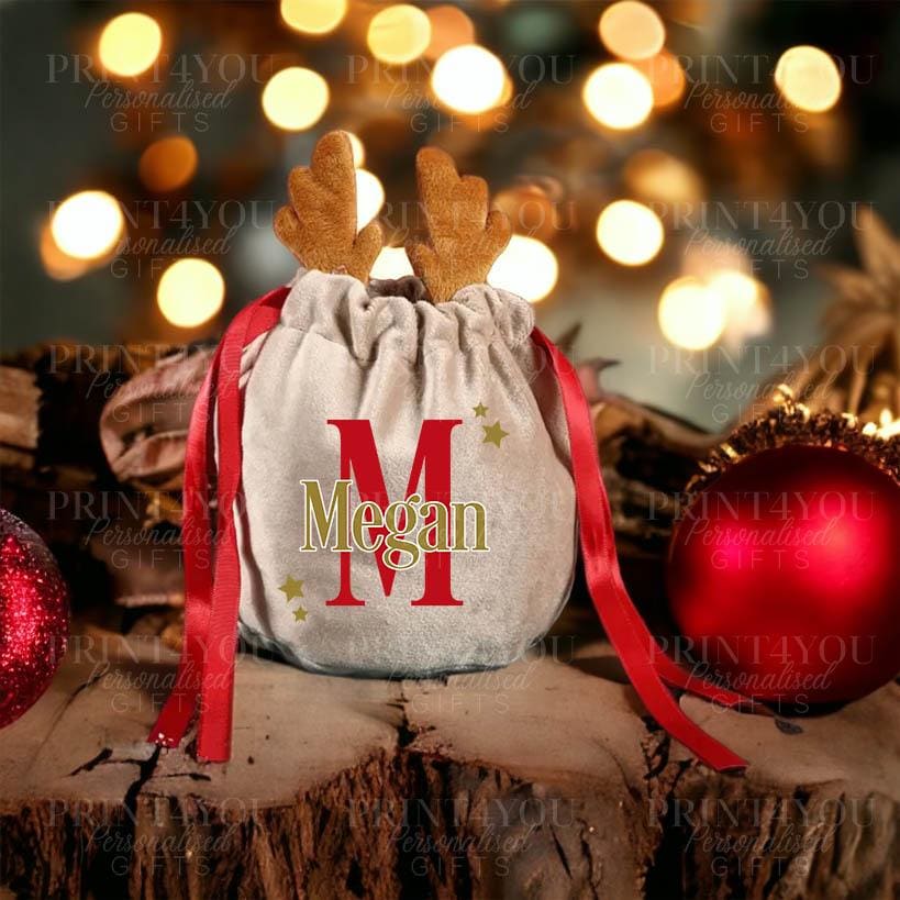 Close-up of the personalised velvet reindeer gift bag showing the custom name print