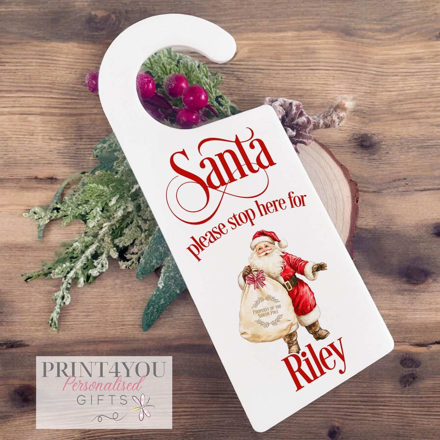 Personalised Please Stop Here Sign, Santa Stop Here Door Hanger Father Christmas / Santa Holding a sack, Christmas Eve Box, Stocking Filler