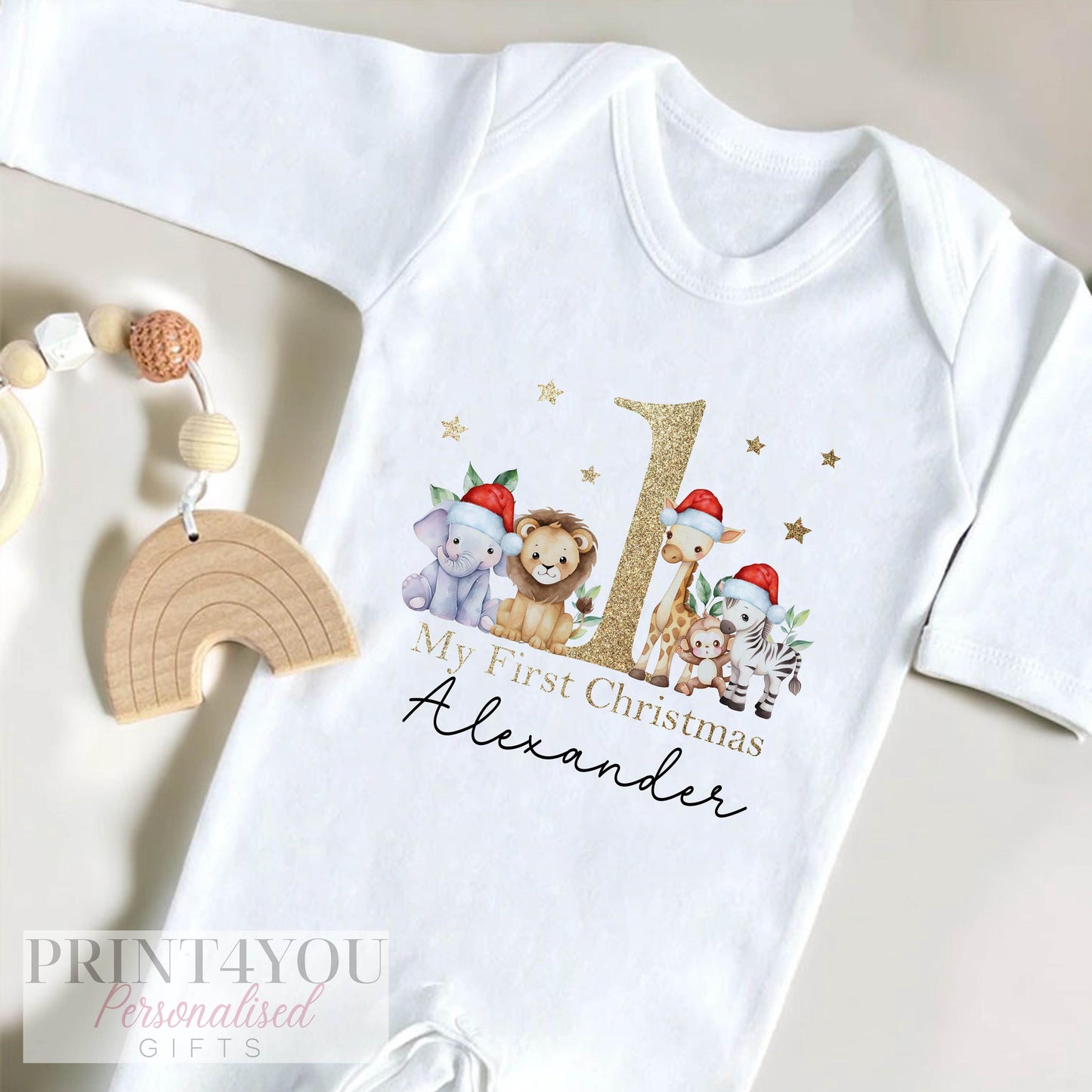 Personalised baby sleepsuit for Baby's First Christmas, gold safari jungle design