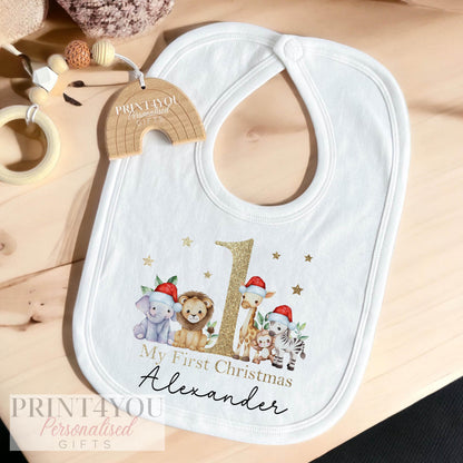 Personalised baby vest with gold-effect safari print for Baby's First Christmas