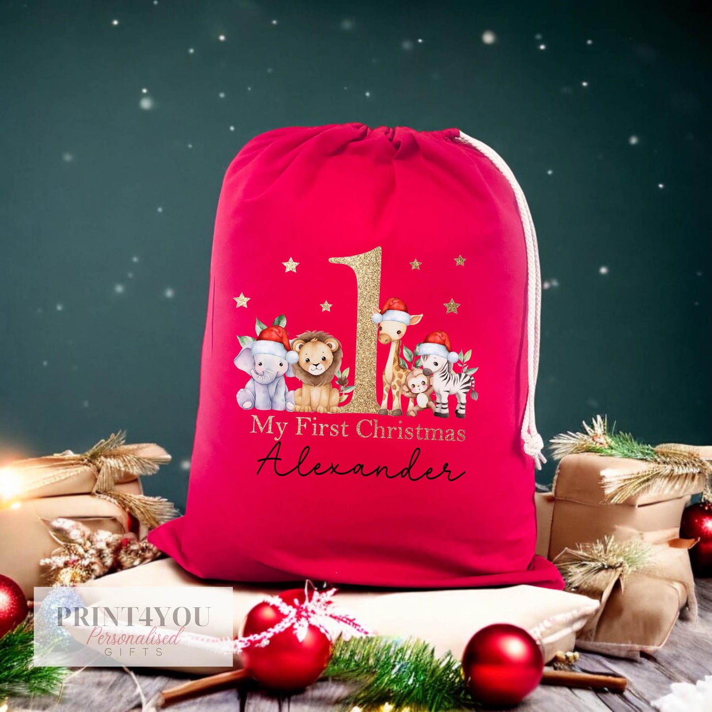 Close-up of the Safari Animals print and personalised name detail on the red Christmas gift sack
