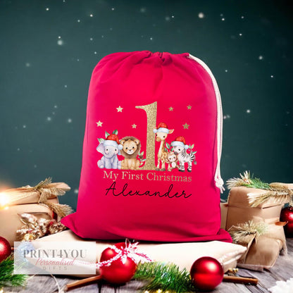 Close-up of the Safari Animals print and personalised name detail on the red Christmas gift sack