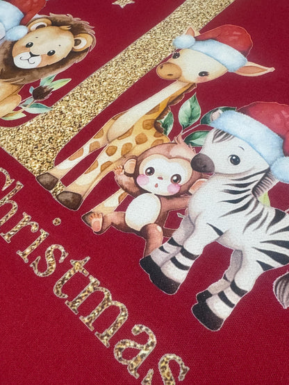 Personalised Christmas gift sack in red with Safari Animals print, ideal for baby's first Christmas