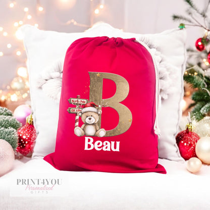 Personalised Christmas sack laid flat showing the full Reindeer and Teddy Bear artwork and drawstring top