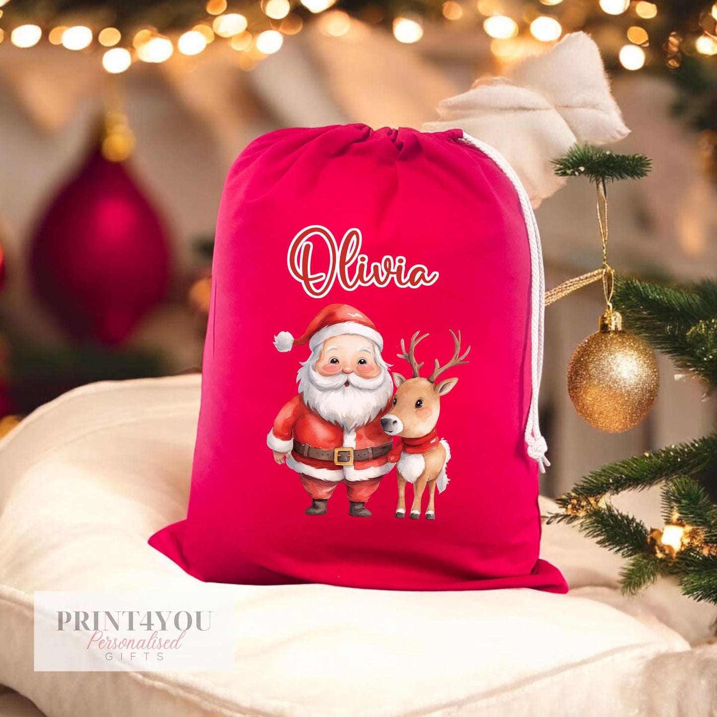 Personalised Red Christmas Sack with Drawstring – Babies First Christmas, Santa and Reindeer, Customised Festive Gift Bag 40x50cm