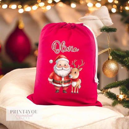 Personalised Red Christmas Sack with Drawstring – Babies First Christmas, Santa and Reindeer, Customised Festive Gift Bag 40x50cm