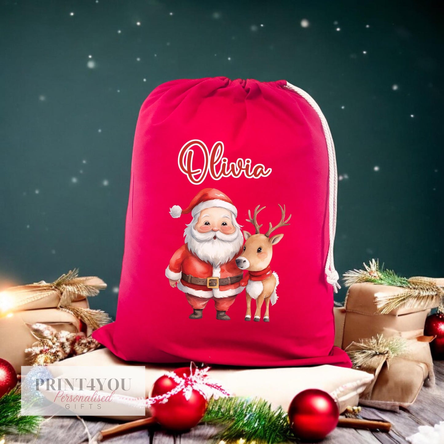 Personalised Red Christmas Sack with Drawstring – Babies First Christmas, Santa and Reindeer, Customised Festive Gift Bag 40x50cm