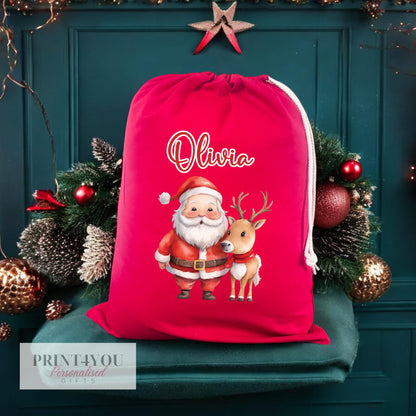 Personalised Red Christmas Sack with Drawstring – Babies First Christmas, Santa and Reindeer, Customised Festive Gift Bag 40x50cm