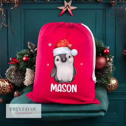 Personalised Red Christmas Sack with Drawstring – Babies First Christmas, Festive Penguin, Customised Festive Gift Bag 40x50cm