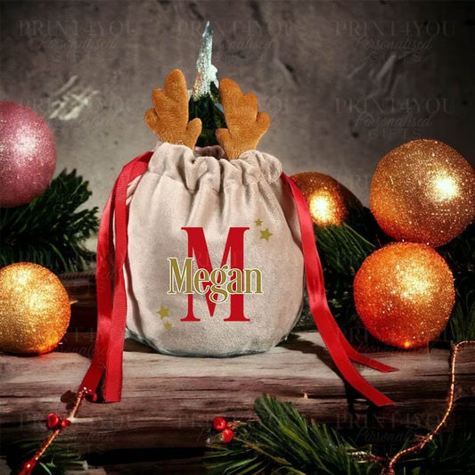 Personalised Velvet Reindeer Christmas Eve Box – Luxury Drawstring Gift Bag, Custom Name
