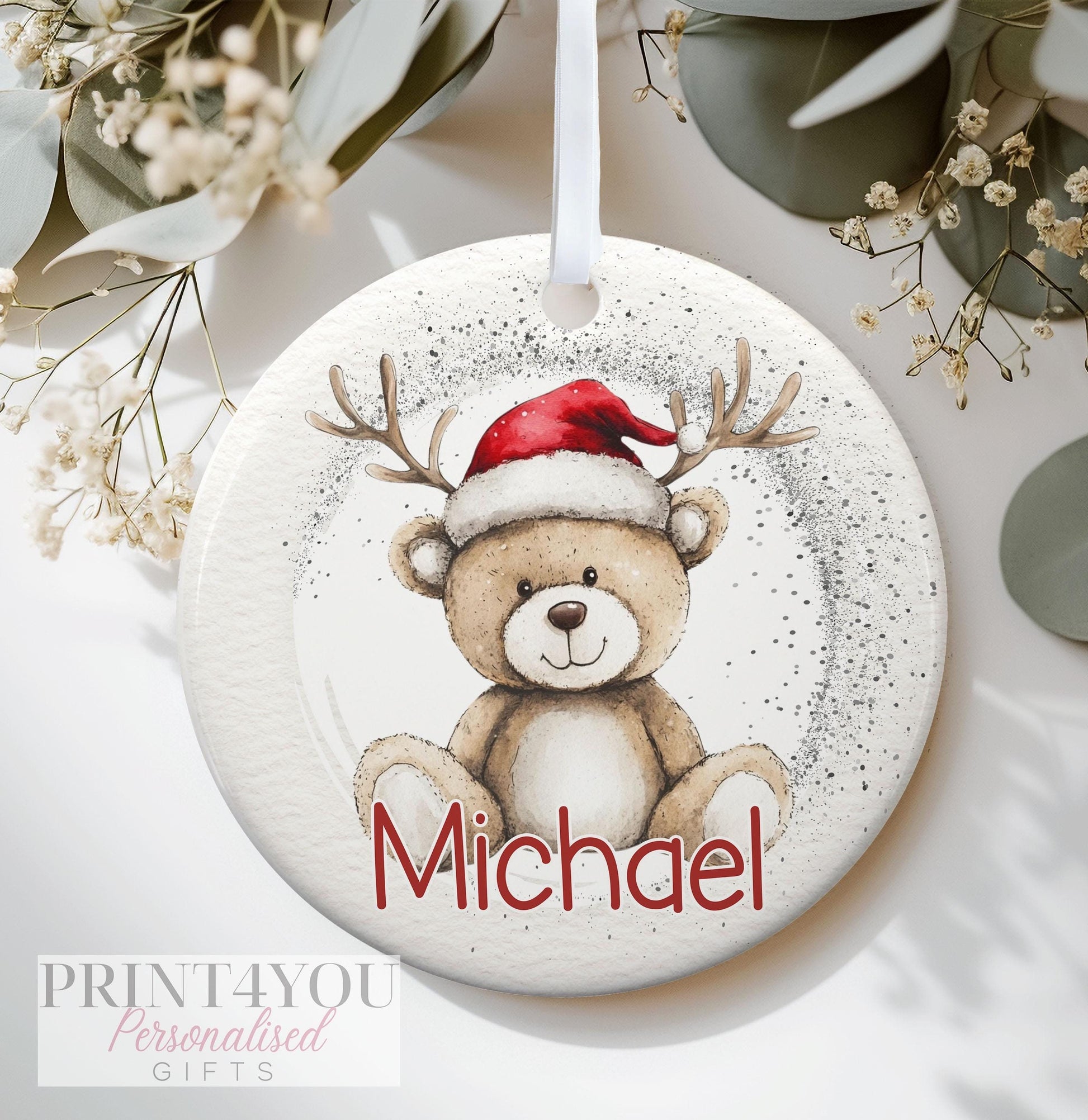 Personalised Christmas Ceramic bauble decoration, Baby's First Christmas, Reindeer Bear Exclusive Design - No thanks