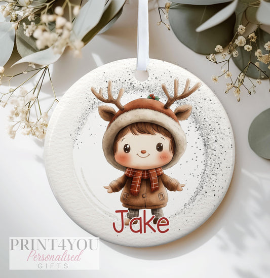 Personalised Christmas Ceramic bauble decoration, Baby's First Christmas, Reindeer Boy Exclusive Design - No thanks