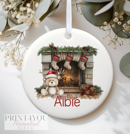 Personalised Christmas Ceramic bauble decoration, Reindeer Bear Fireplace exclusive Design, Baby's First Christmas, - No thanks