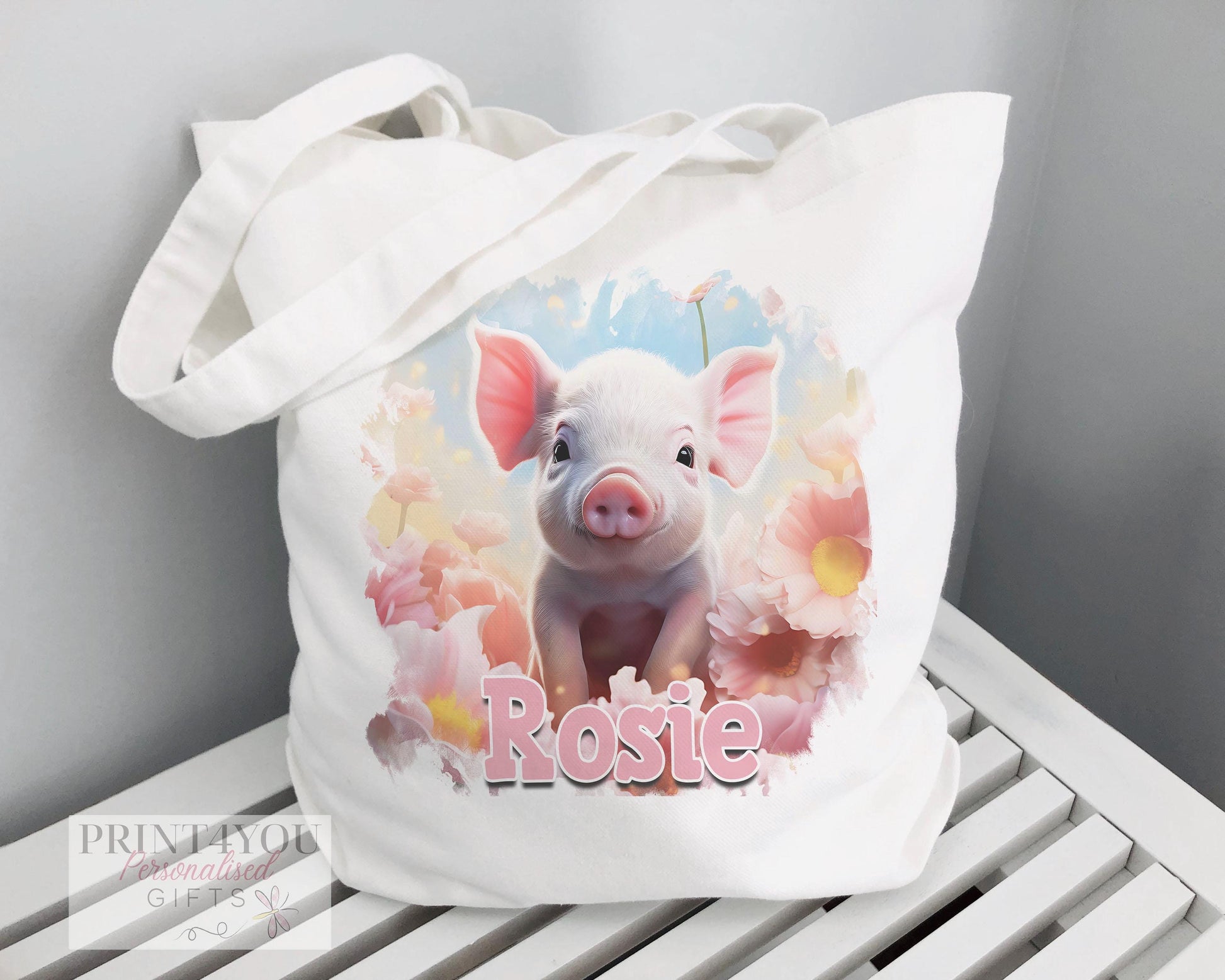 Plain white cotton tote bag with shoulder straps, reusable shopper