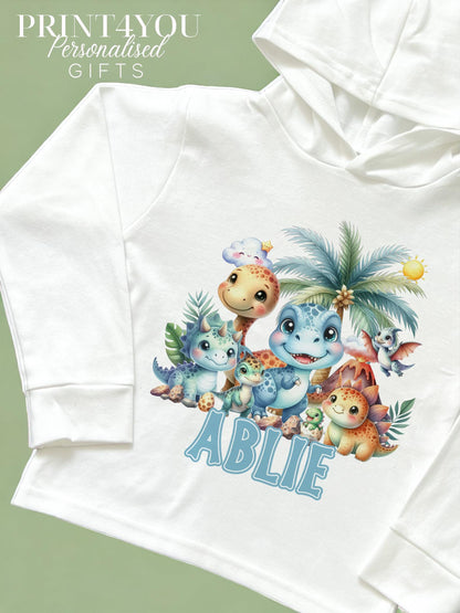 Personalised Mixed Dinosaurs hooded long-sleeve top, size 6-12 months, dinosaur print with custom name