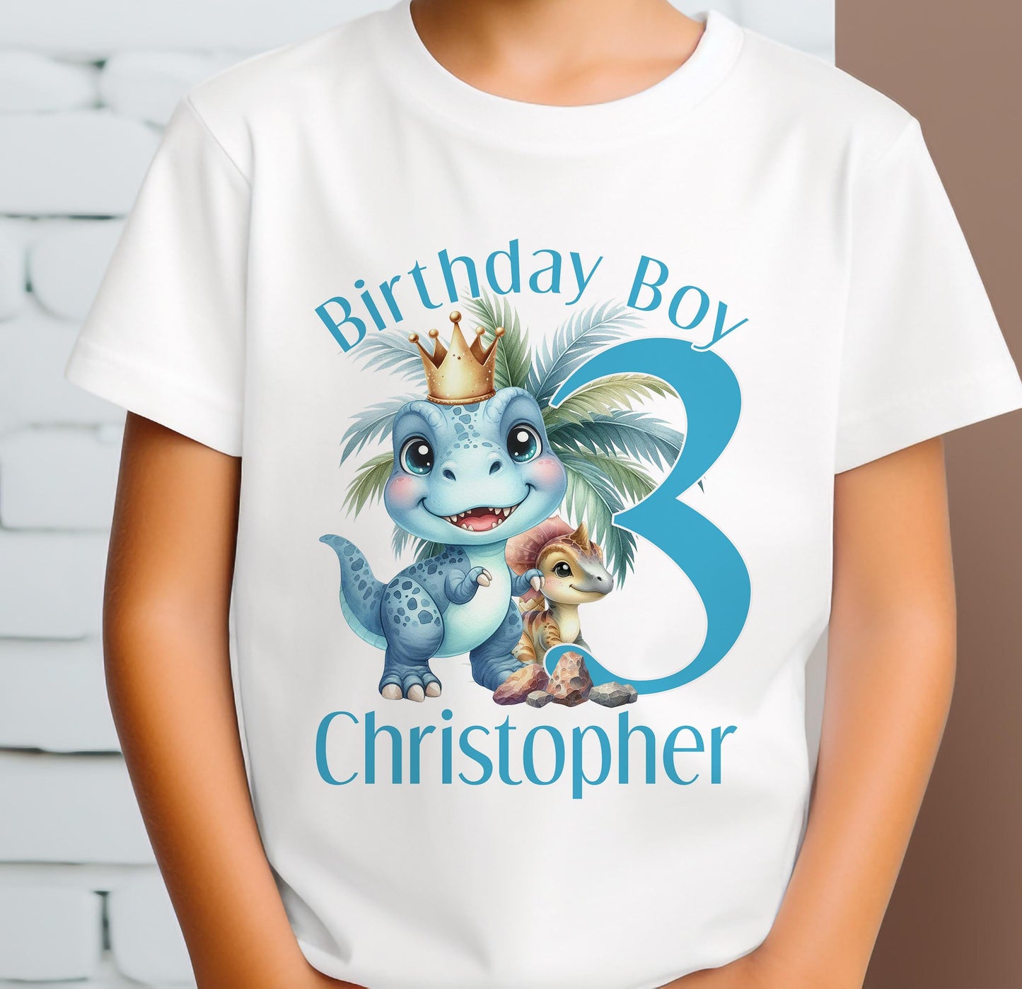 Personalised T – rex Dinosaur Birthday T – Shirt ANY AGE – Cotton White Top, Any Age, Dino Trex Party Top Blue - 6-12 months