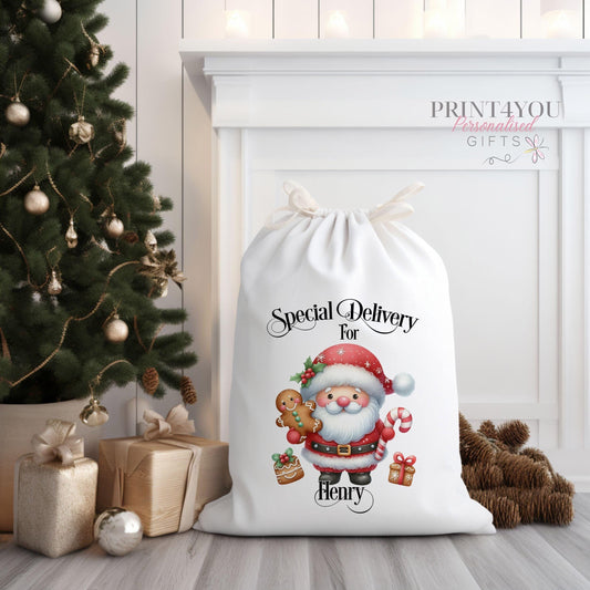 personalised Santa Sack, Xmas Toy Sack, Gift from Santa – Special Christmas Express Delivery, With Gingerbread Man Santa - One side