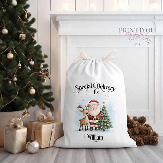 personalised Santa Sack, Xmas Toy Sack, Gift from Santa – Special Christmas Express Delivery, With Santa and Reindeer - One side