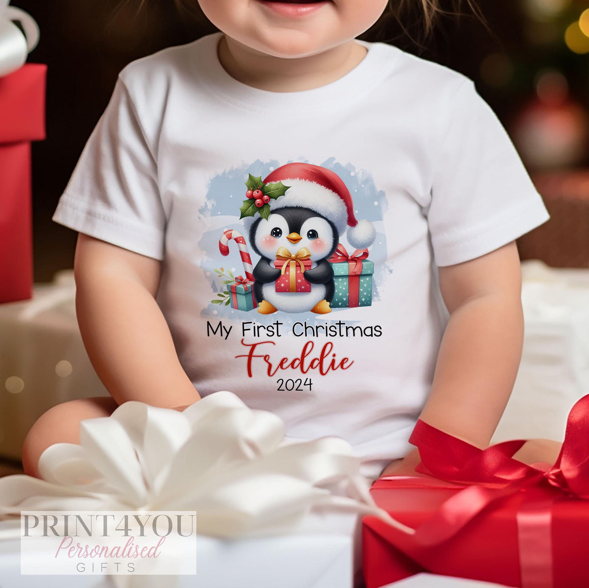 Personalised first Christmas penguin design sleepsuit with popper fastenings.