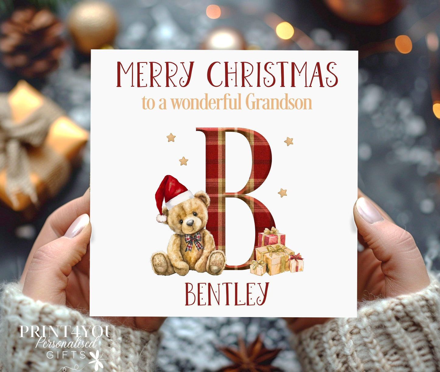 Personalised Christmas Card – Tartan Teddy Bear Card With Luxury Sheen Printing & Envelope - Front Only