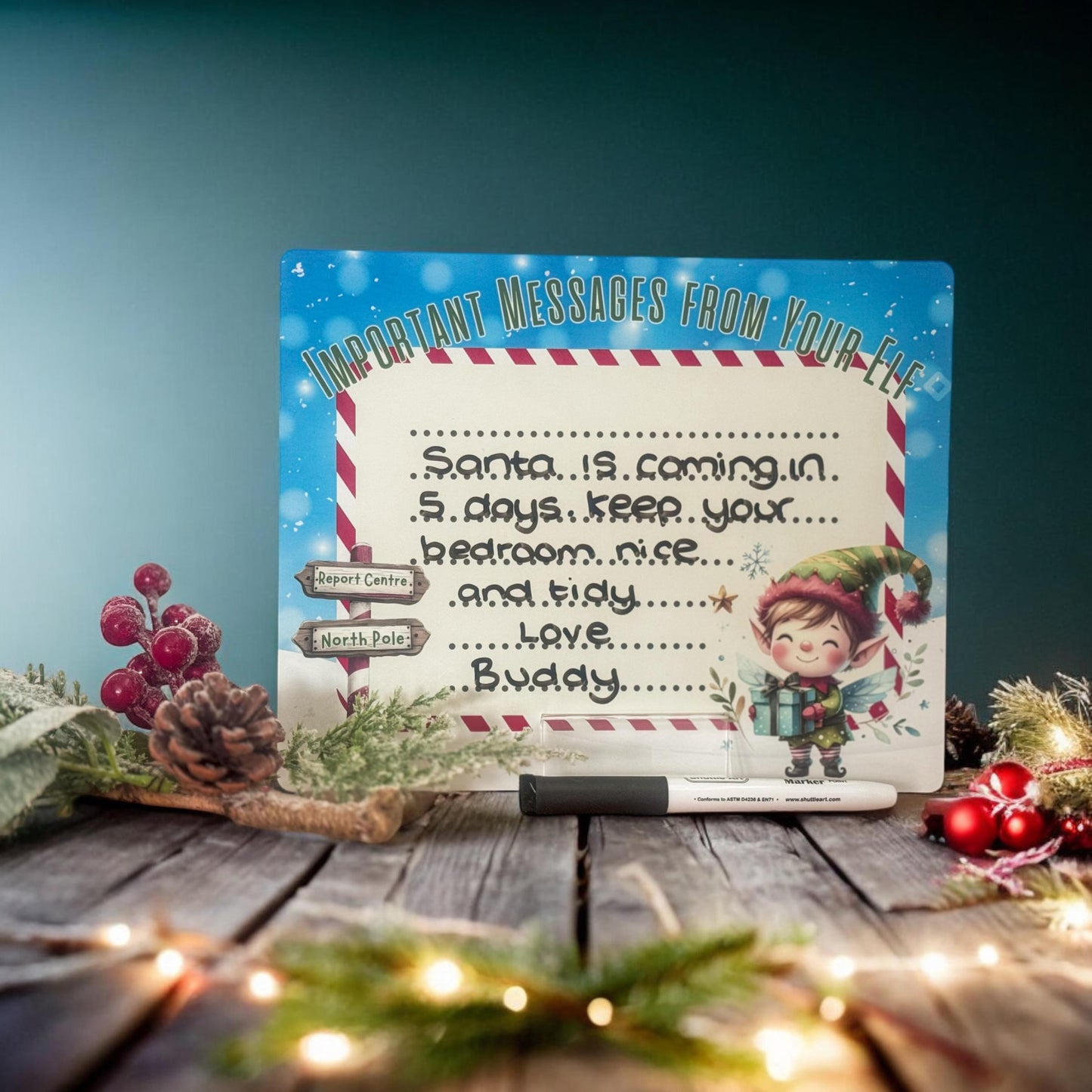 Christmas Elf Memo Board – Aluminium Wipe-Clean Holiday Countdown Board with Pen & Stand