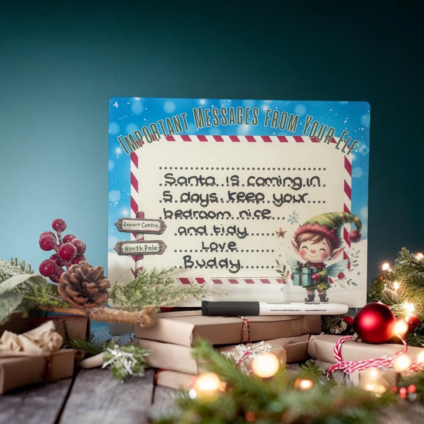 Christmas Elf Memo Board – Aluminium Wipe-Clean Holiday Countdown Board with Pen & Stand