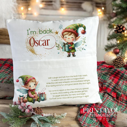 Personalised elf Christmas cushion with custom name and front pocket, shown as cushion cover only