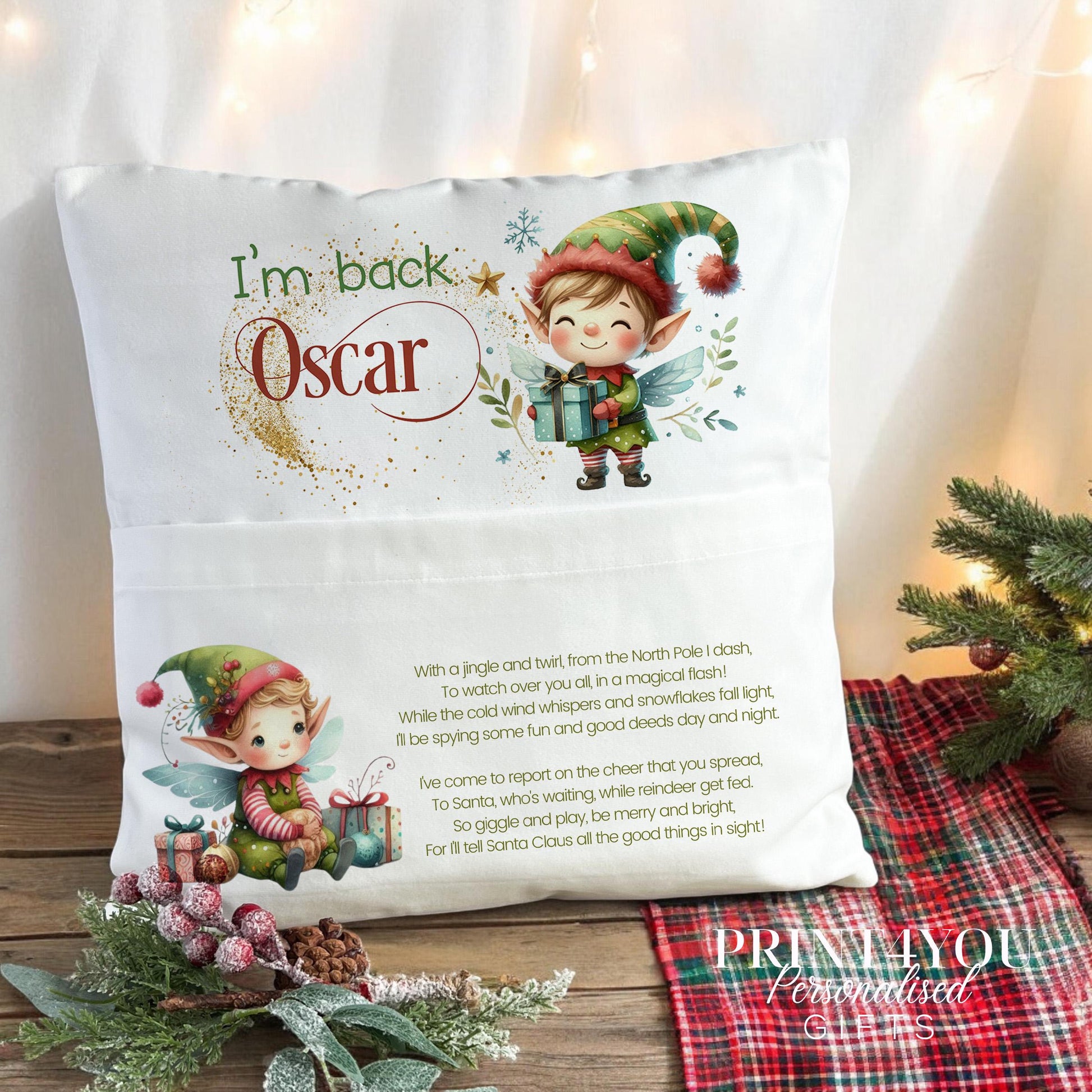 Close-up of the personalised elf cushion showing the custom name and elf pocket detail