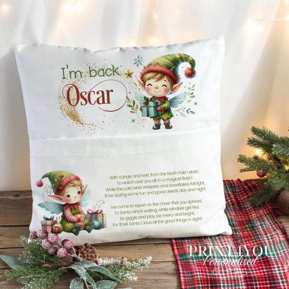 Close-up of the personalised elf cushion showing the custom name and elf pocket detail