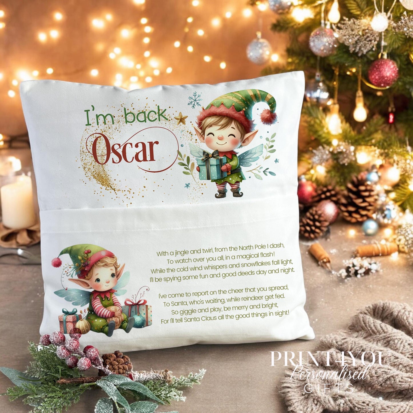 Personalised elf Christmas cushion in soft off-white plush fabric with festive elf print