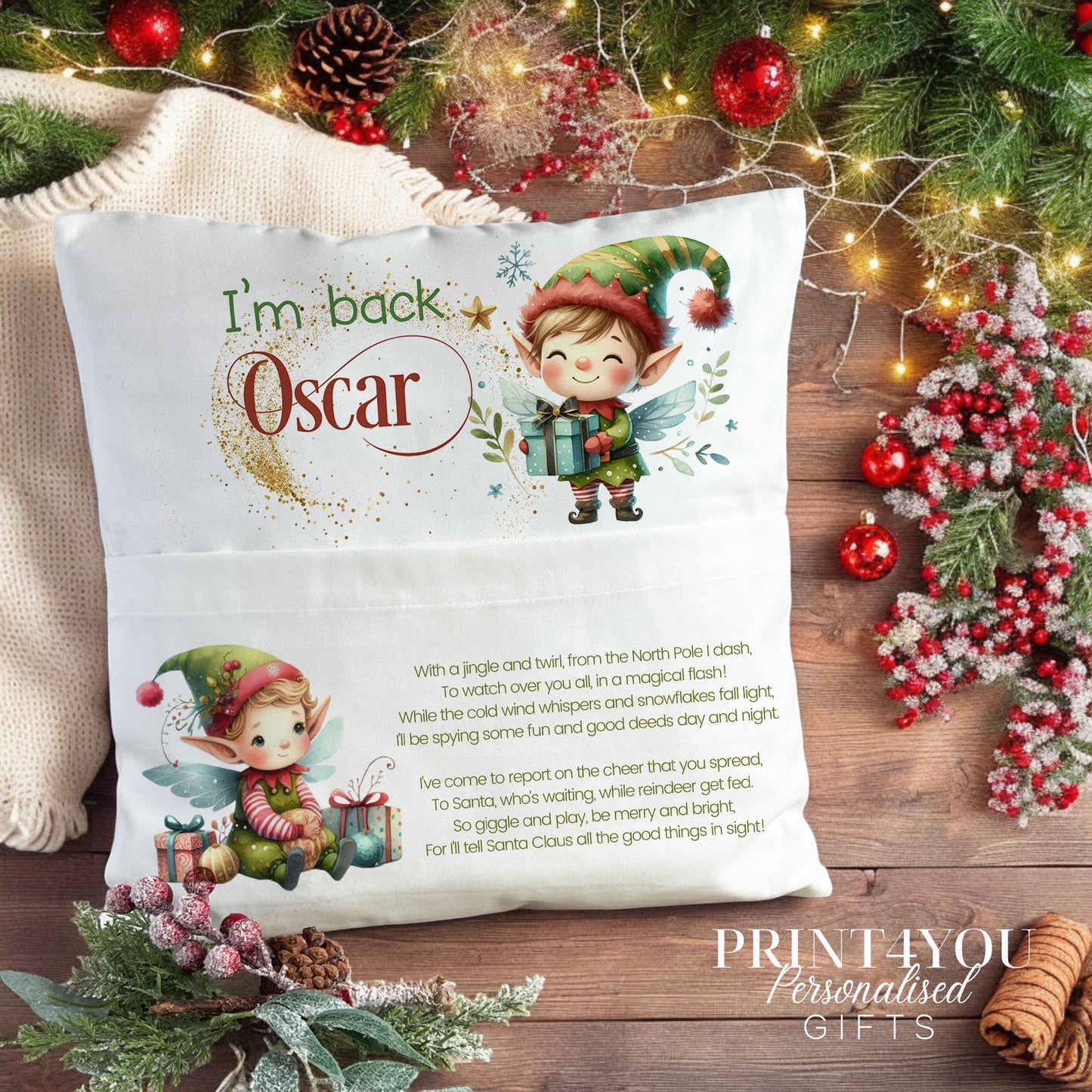 Personalised elf Christmas cushion with custom name, shown with cover and plump insert
