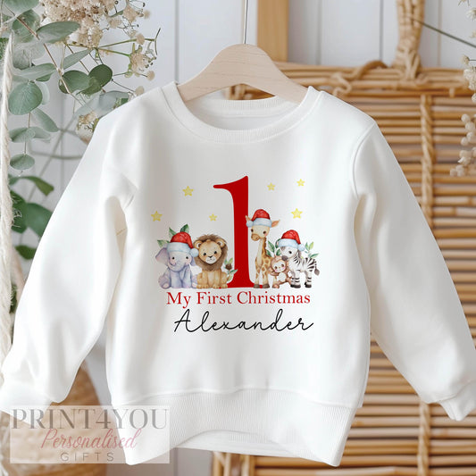 Personalised baby's first Christmas jumper, safari animals in Santa hats design, white cotton sweatshirt, size 6-12 months