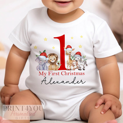 Personalised baby vest with safari animals in Santa hats for Baby's First Christmas