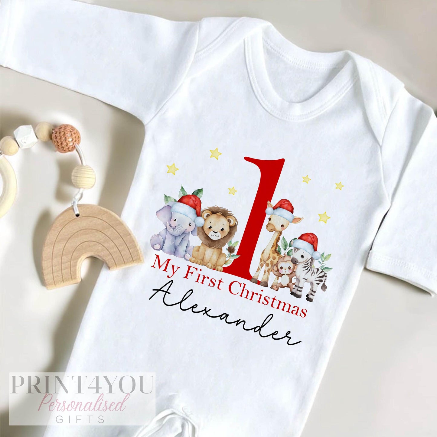 Close-up of the safari animal print on the Baby's First Christmas set